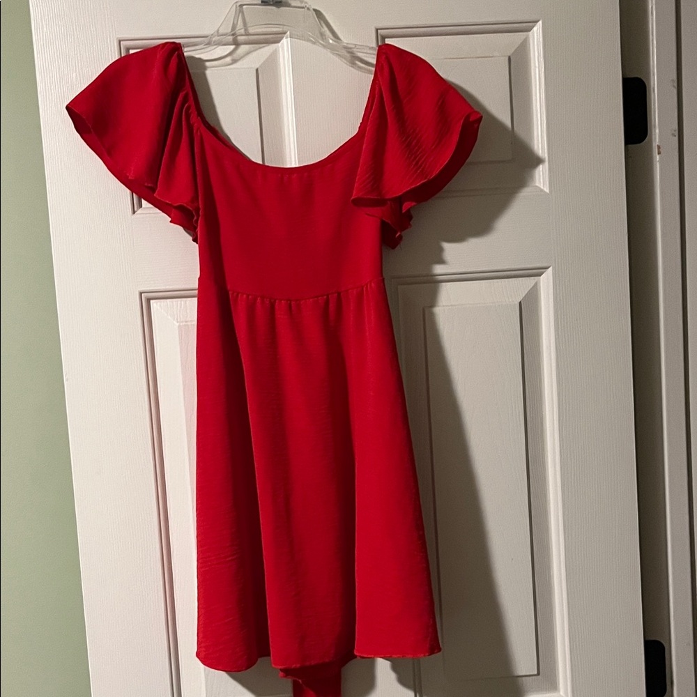 See You Monday Red Ruffle Sleeve Casual Dress